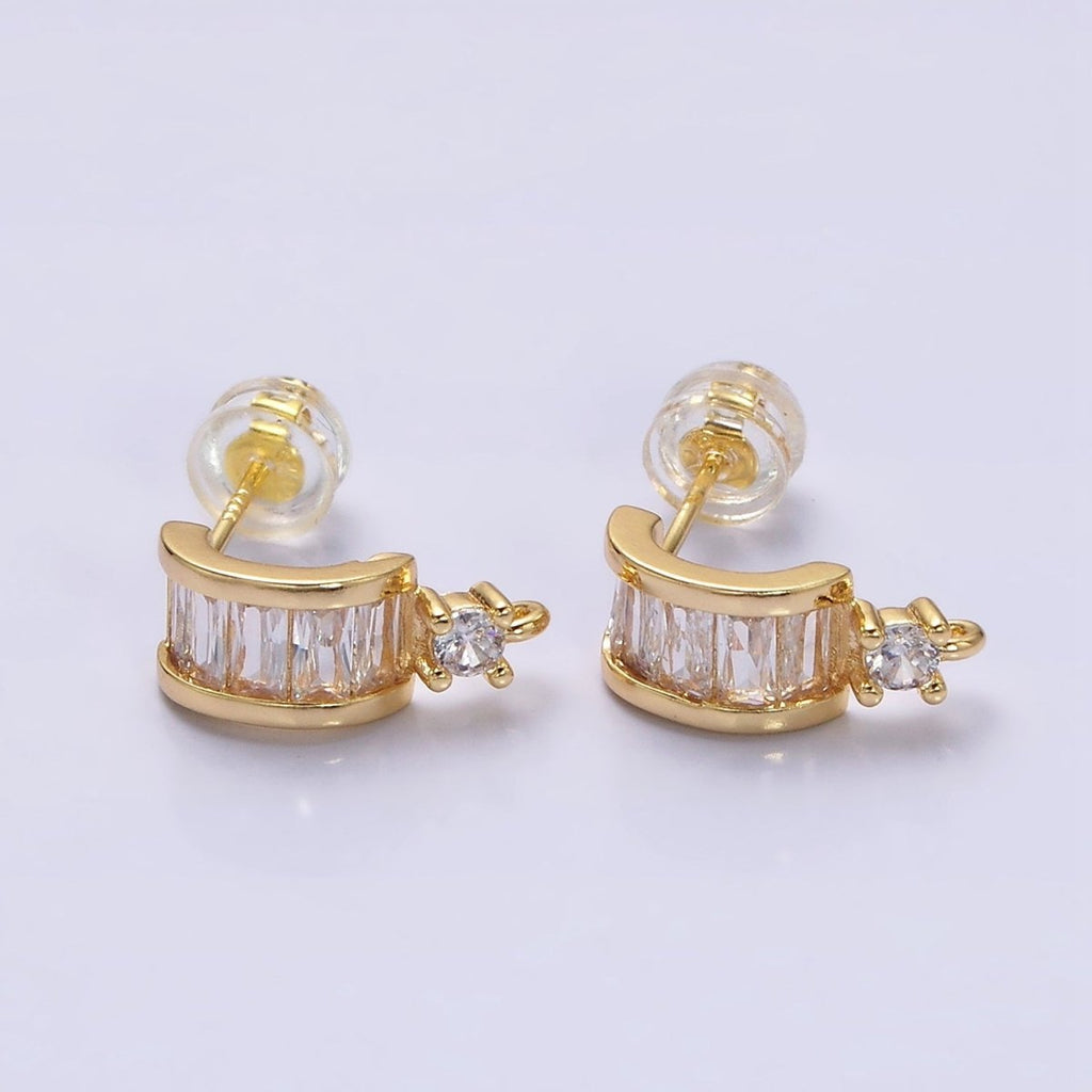 16K Gold plated Clear Baguette Lined CZ Drop Open Loop C-Shaped Hoop Earrings in Gold & Silver | Z-409 Z-410 - DLUXCA