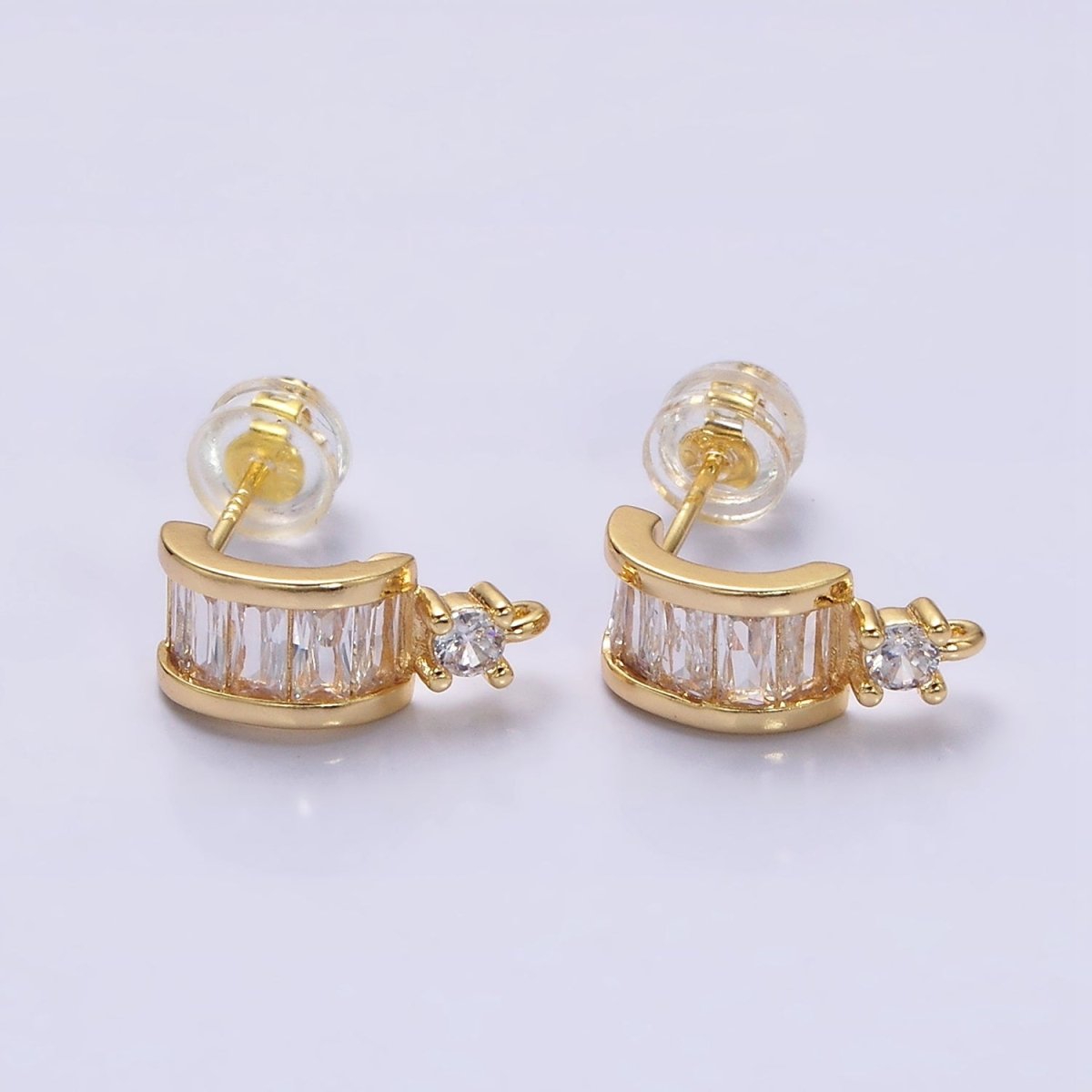 16K Gold plated Clear Baguette Lined CZ Drop Open Loop C-Shaped Hoop Earrings in Gold & Silver | Z-409 Z-410 - DLUXCA