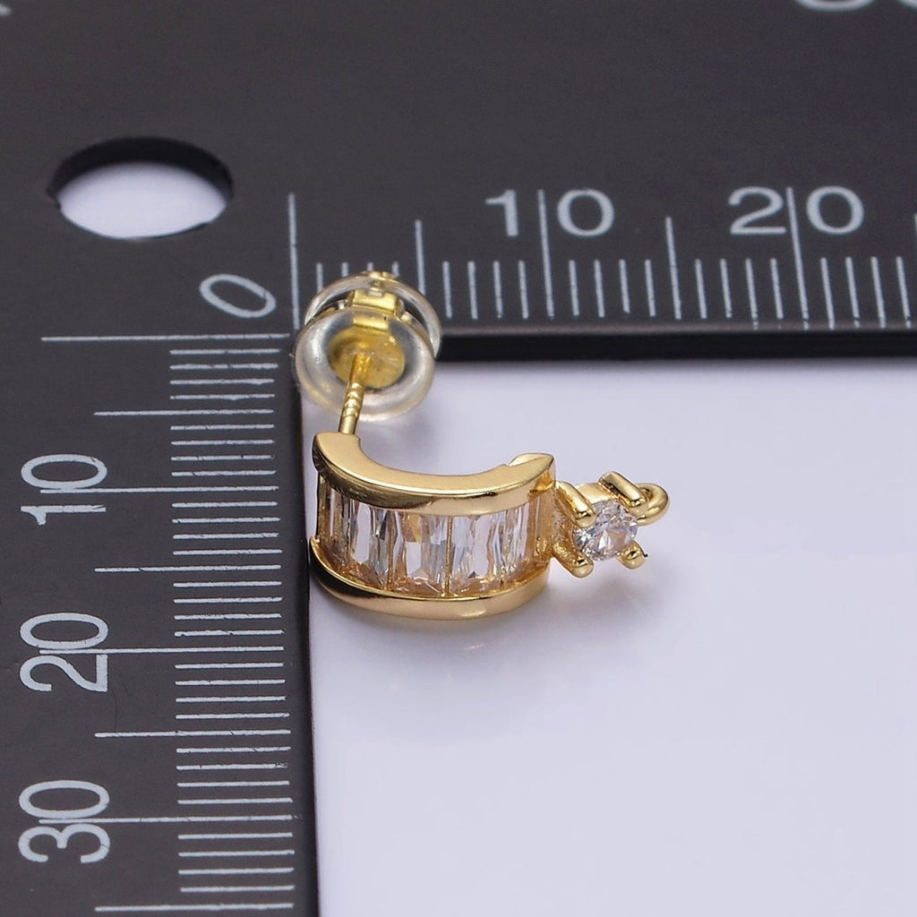 16K Gold plated Clear Baguette Lined CZ Drop Open Loop C-Shaped Hoop Earrings in Gold & Silver | Z-409 Z-410 - DLUXCA