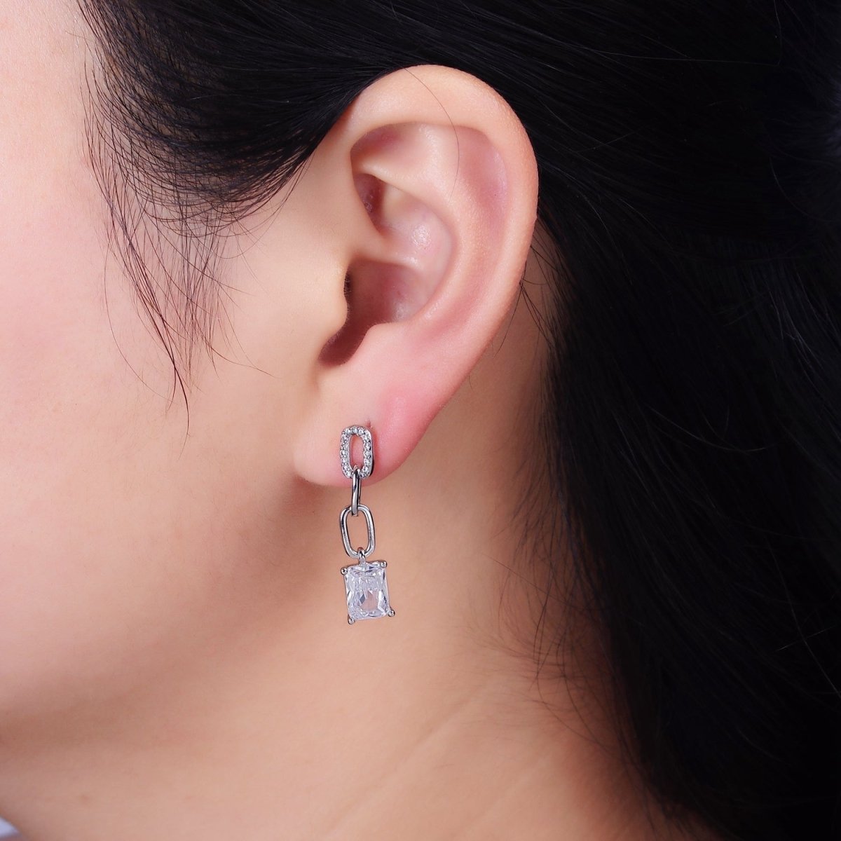 16K Gold plated Clear Baguette Micro Paved CZ Cable Paperclip Link Drop Stud Earrings in Gold & Silver | AD-413 AD-414