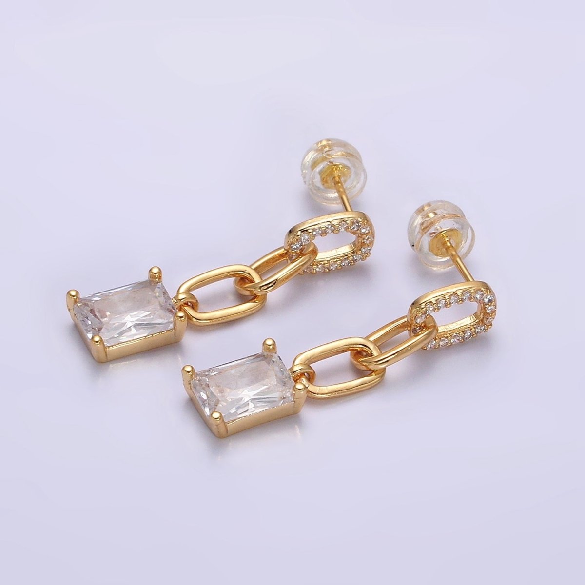 16K Gold plated Clear Baguette Micro Paved CZ Cable Paperclip Link Drop Stud Earrings in Gold & Silver | AD-413 AD-414