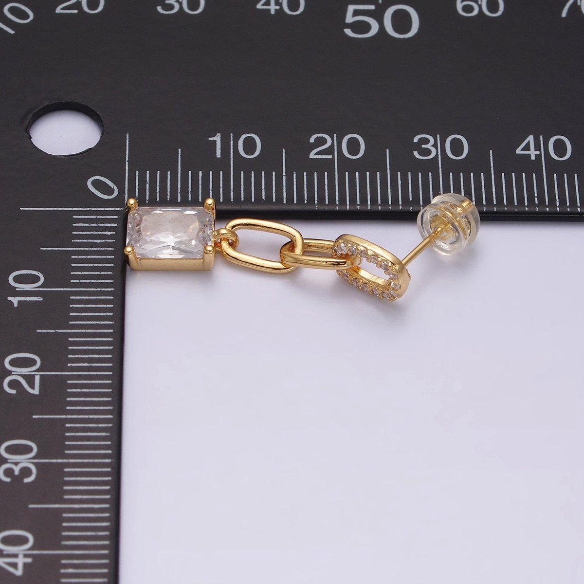16K Gold plated Clear Baguette Micro Paved CZ Cable Paperclip Link Drop Stud Earrings in Gold & Silver | AD-413 AD-414