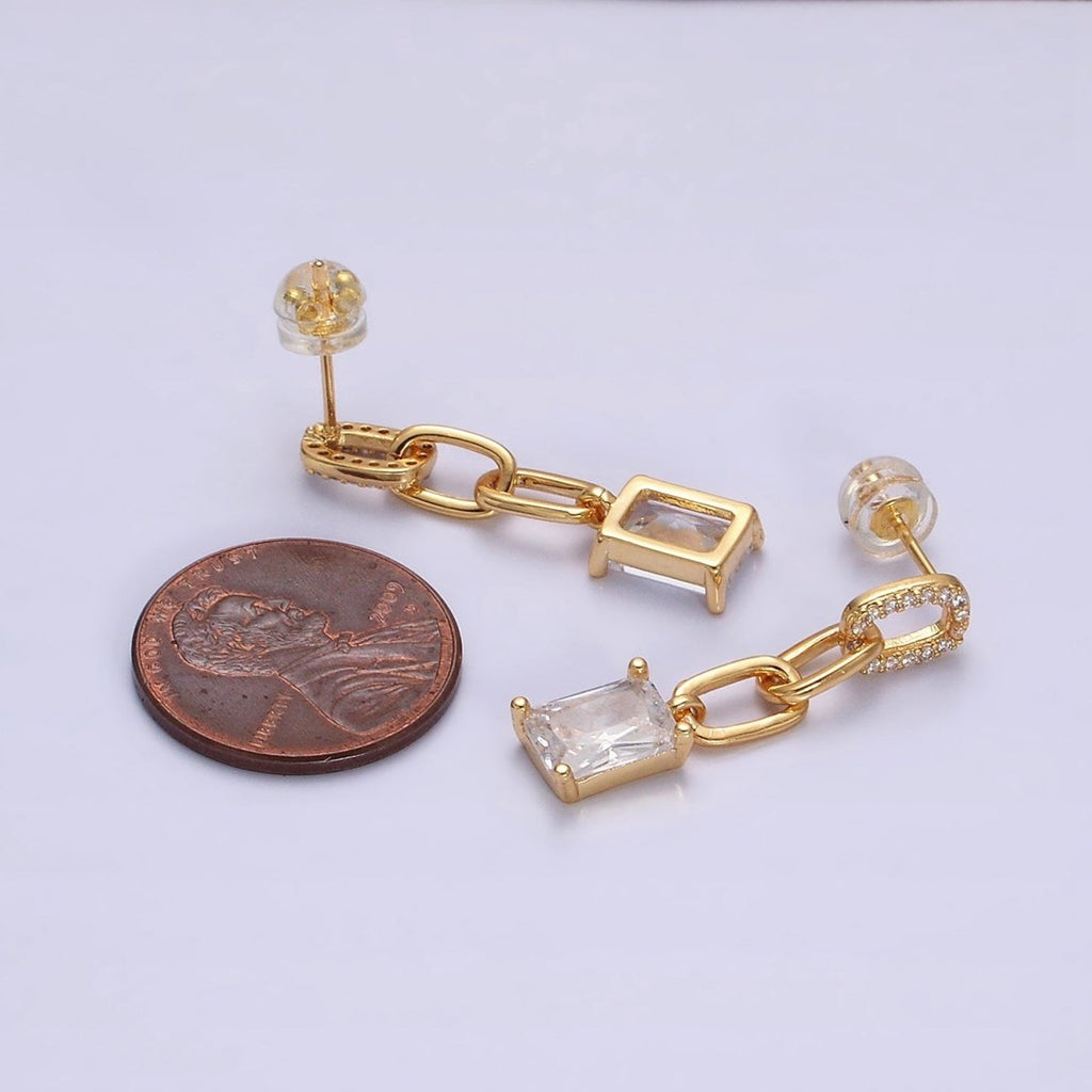 16K Gold plated Clear Baguette Micro Paved CZ Cable Paperclip Link Drop Stud Earrings in Gold & Silver | AD-413 AD-414