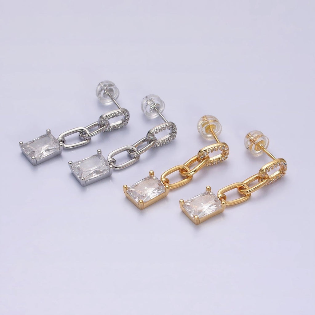 16K Gold plated Clear Baguette Micro Paved CZ Cable Paperclip Link Drop Stud Earrings in Gold & Silver | AD-413 AD-414