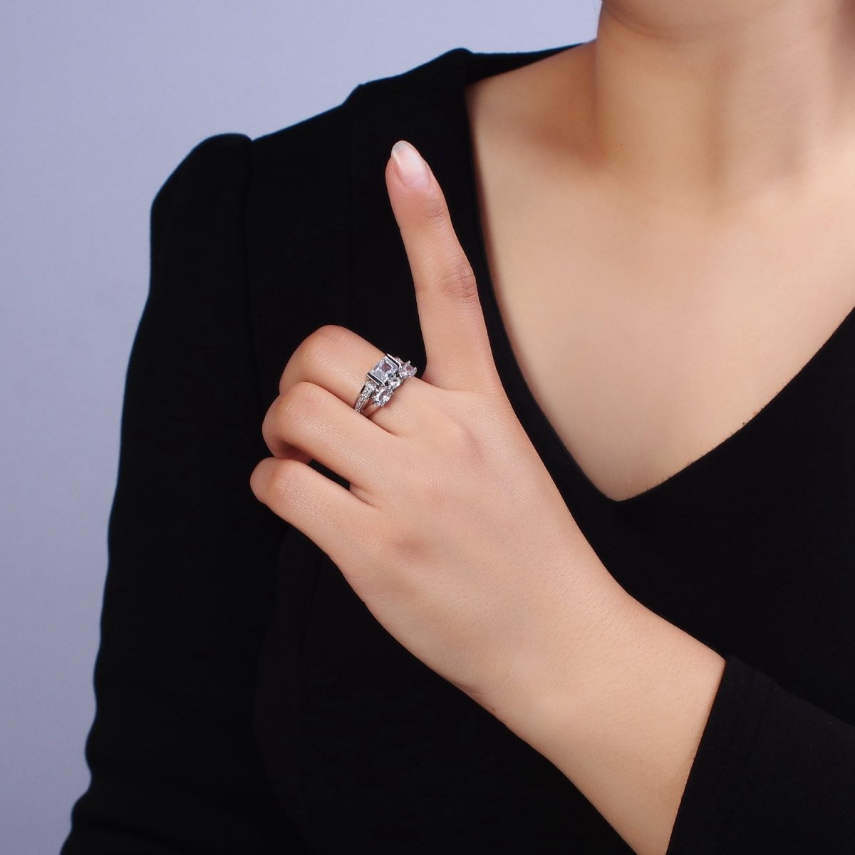 16K Gold plated Clear Baguette Oval Micro Paved Double Band Ring in Gold & Silver | O-1611 O-1612