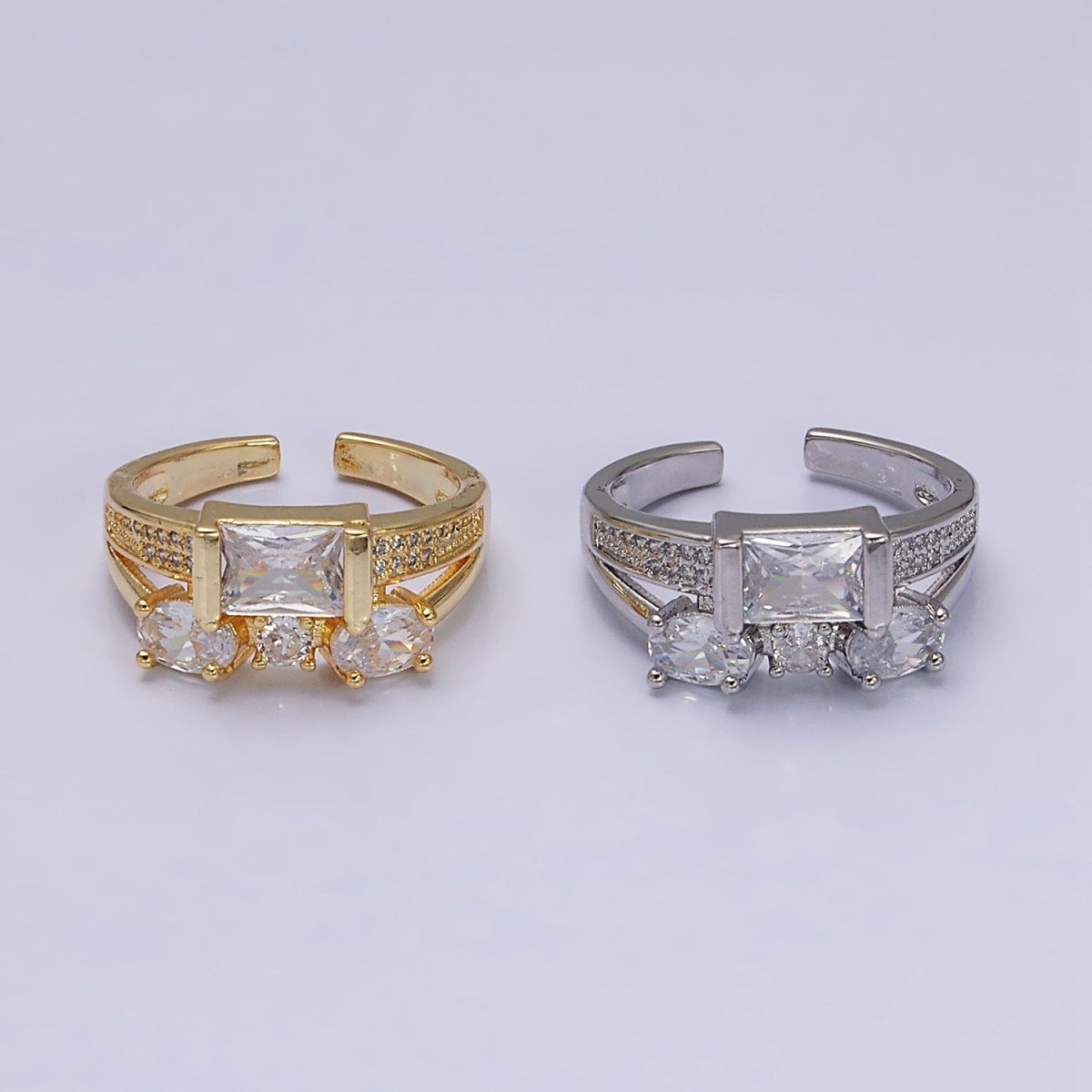 16K Gold plated Clear Baguette Oval Micro Paved Double Band Ring in Gold & Silver | O-1611 O-1612