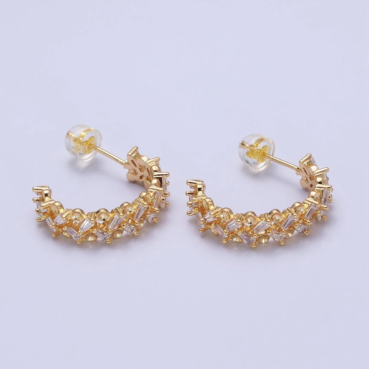 16K Gold plated Clear Baguette Zig-Zag Lined 20mm C-Shaped Hoop Earrings in Gold & Silver | AB508 AB514