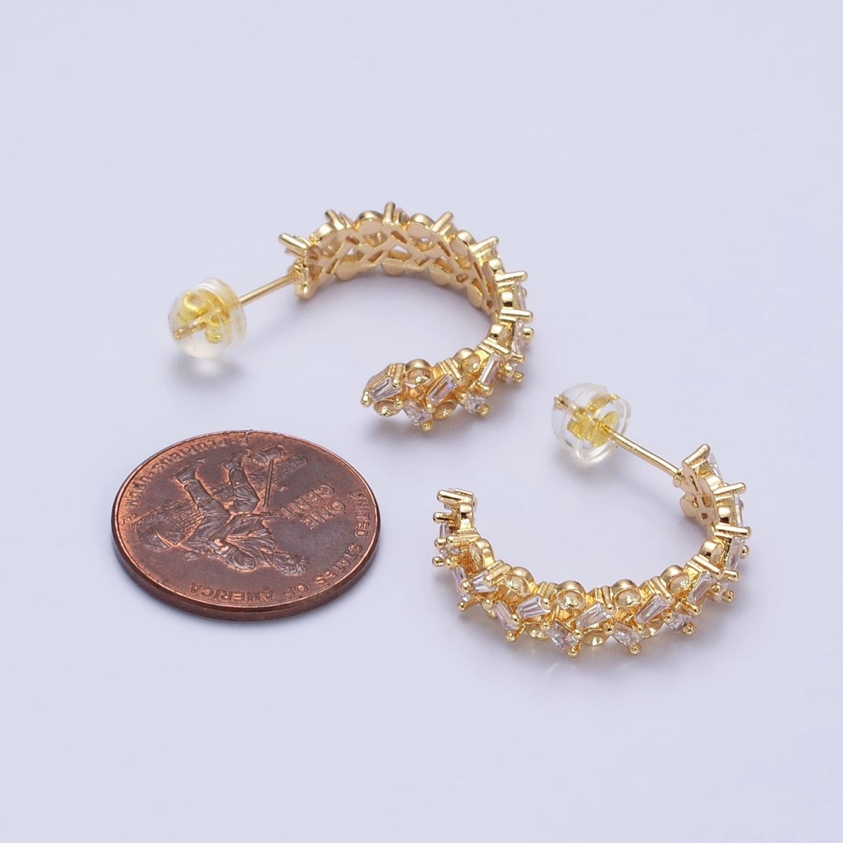 16K Gold plated Clear Baguette Zig-Zag Lined 20mm C-Shaped Hoop Earrings in Gold & Silver | AB508 AB514