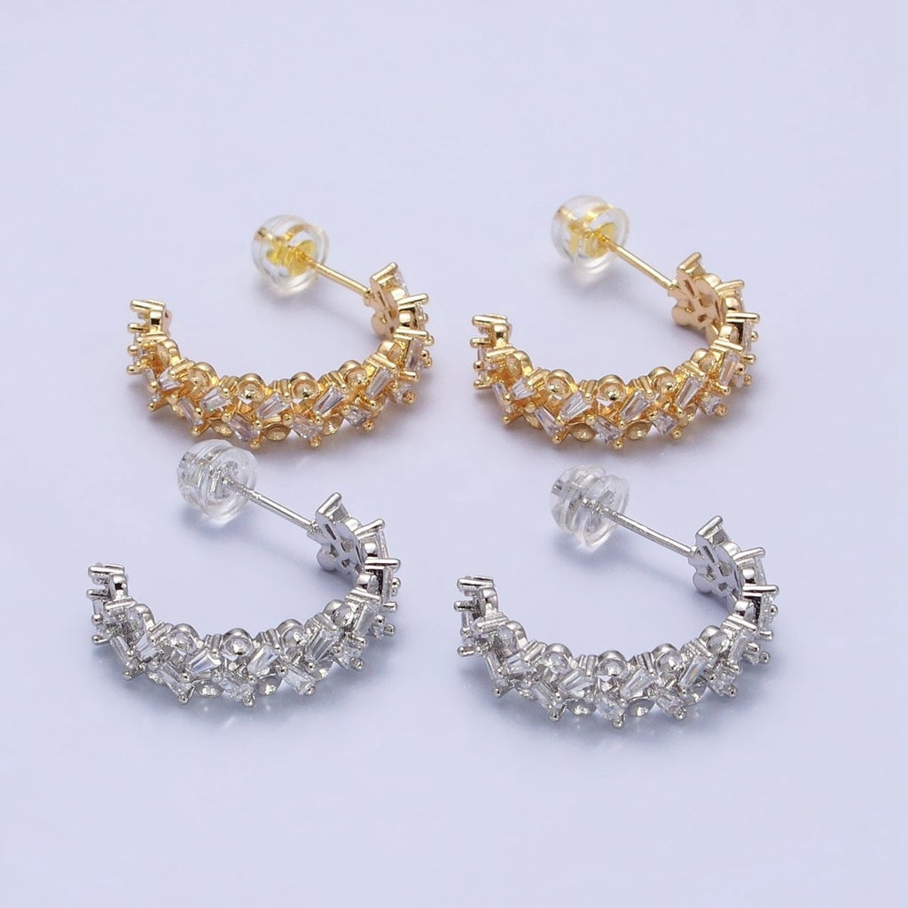 16K Gold plated Clear Baguette Zig-Zag Lined 20mm C-Shaped Hoop Earrings in Gold & Silver | AB508 AB514