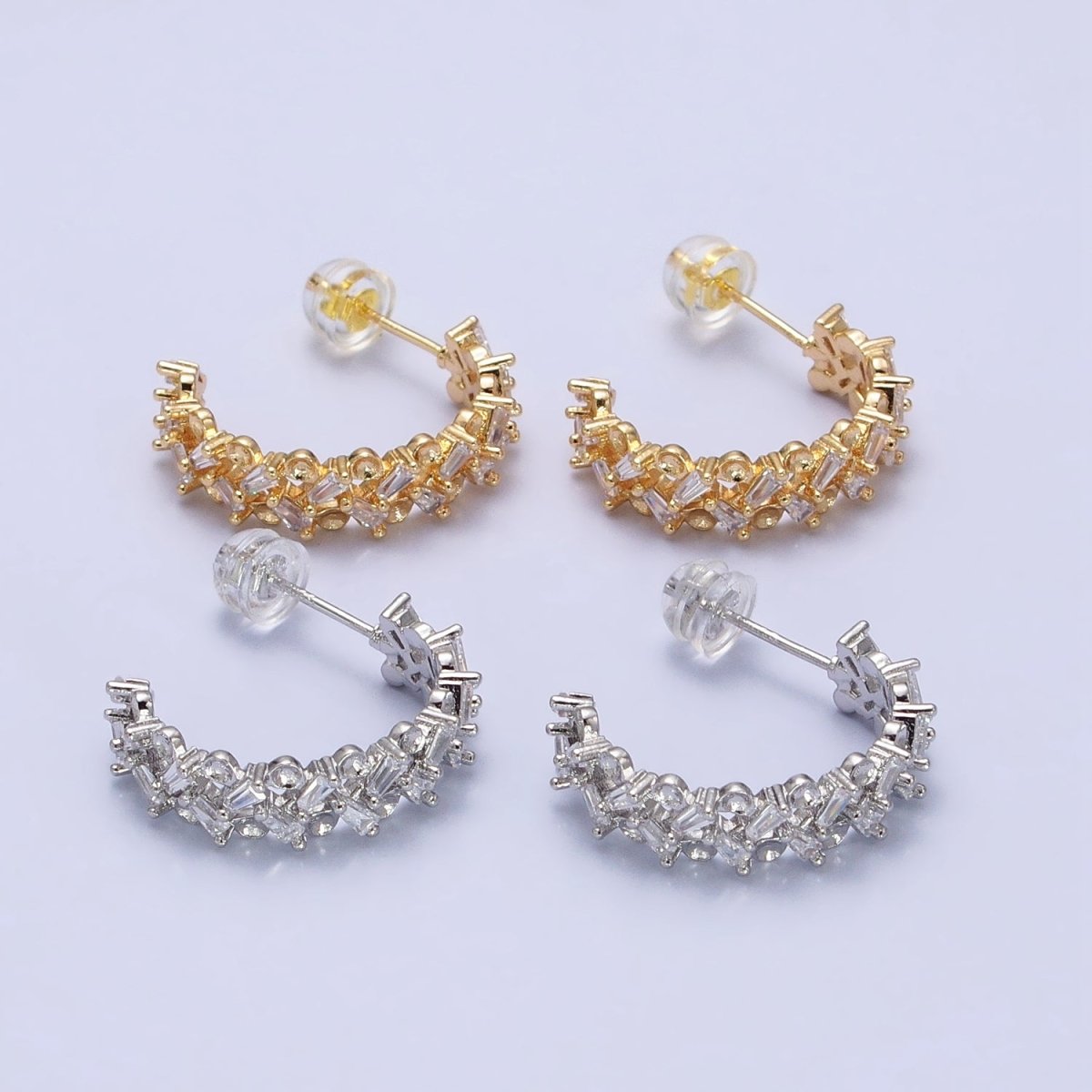16K Gold plated Clear Baguette Zig-Zag Lined 20mm C-Shaped Hoop Earrings in Gold & Silver | AB508 AB514