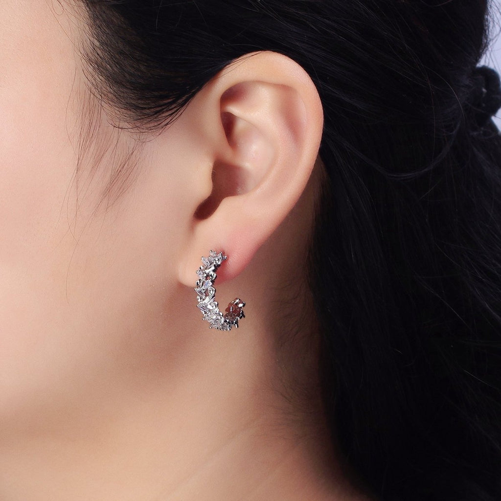 16K Gold plated Clear Baguette Zig-Zag Lined 20mm C-Shaped Hoop Earrings in Gold & Silver | AB508 AB514
