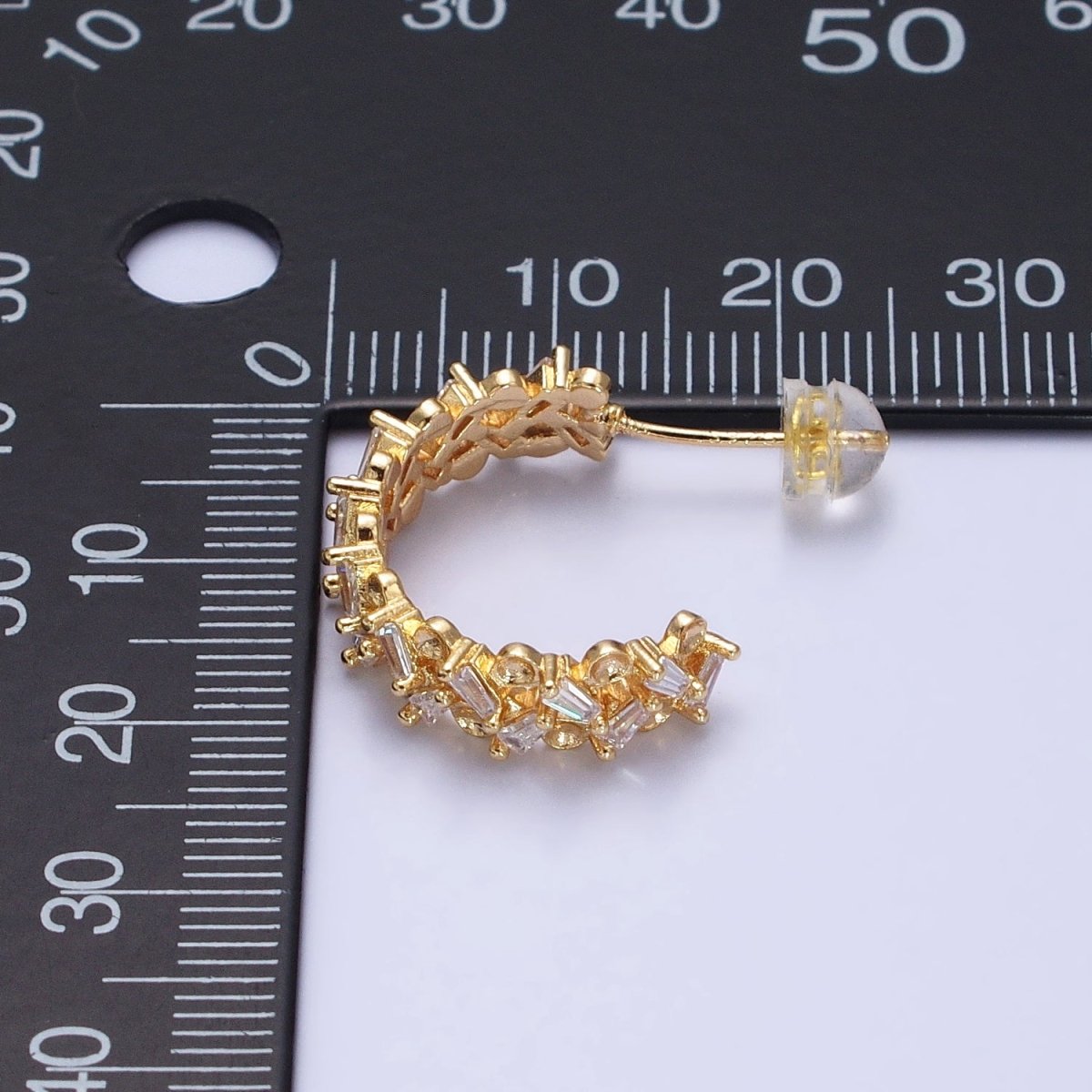 16K Gold plated Clear Baguette Zig-Zag Lined 20mm C-Shaped Hoop Earrings in Gold & Silver | AB508 AB514