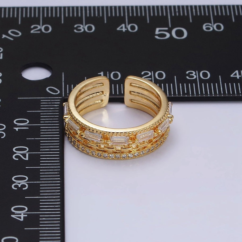 16K Gold plated Clear CZ Baguette Cable Link Micro Paved Multiple Band Ring in Gold & Silver | O-1595 O-1596 - DLUXCA