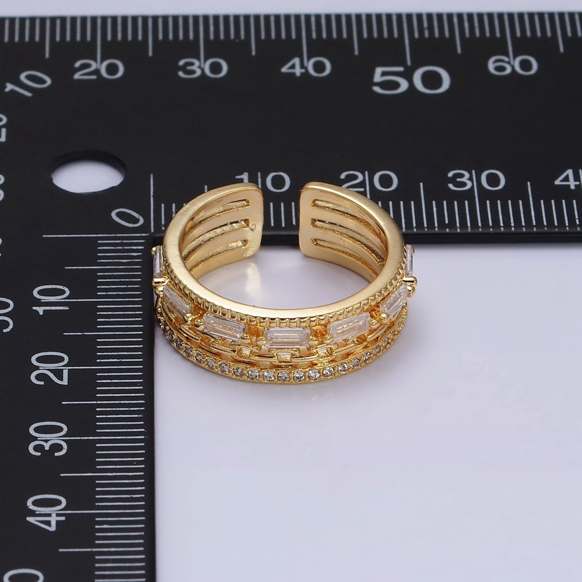 16K Gold plated Clear CZ Baguette Cable Link Micro Paved Multiple Band Ring in Gold & Silver | O-1595 O-1596 - DLUXCA
