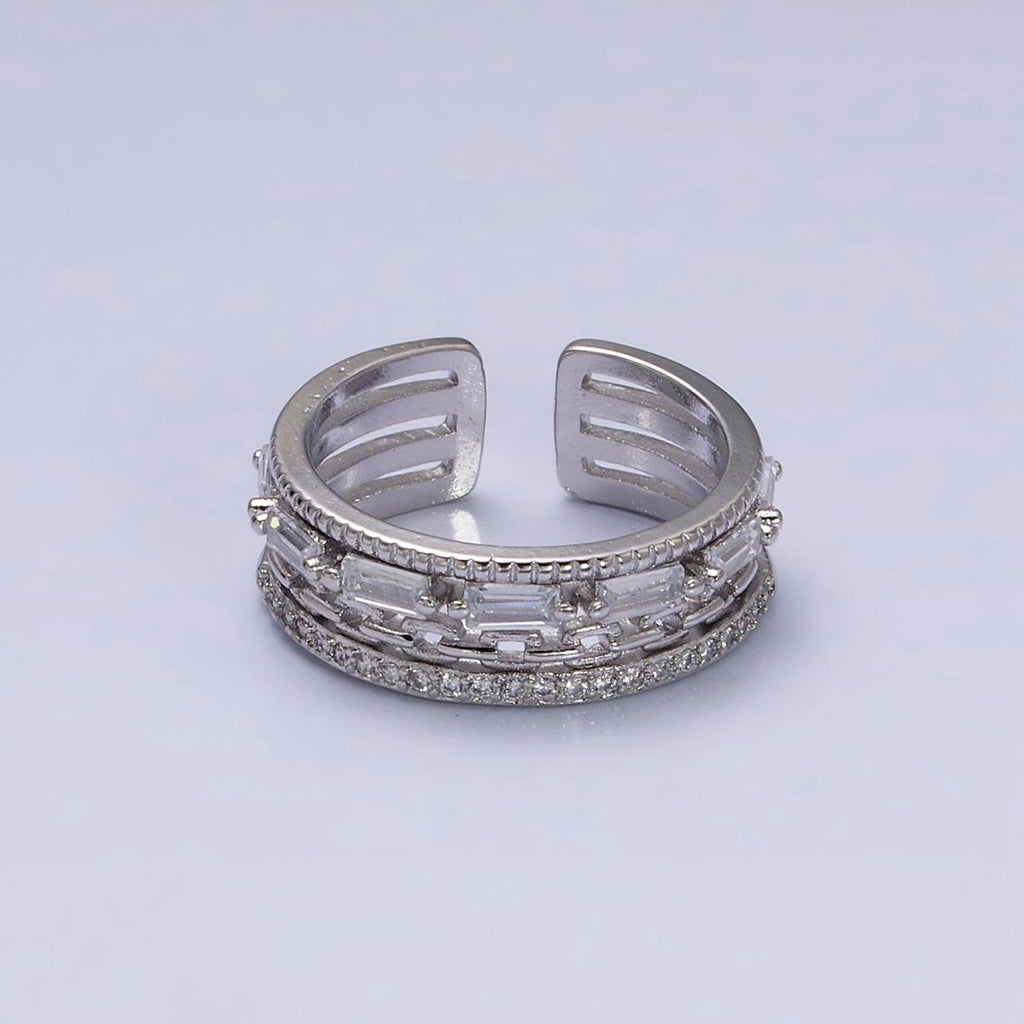 16K Gold plated Clear CZ Baguette Cable Link Micro Paved Multiple Band Ring in Gold & Silver | O-1595 O-1596 - DLUXCA