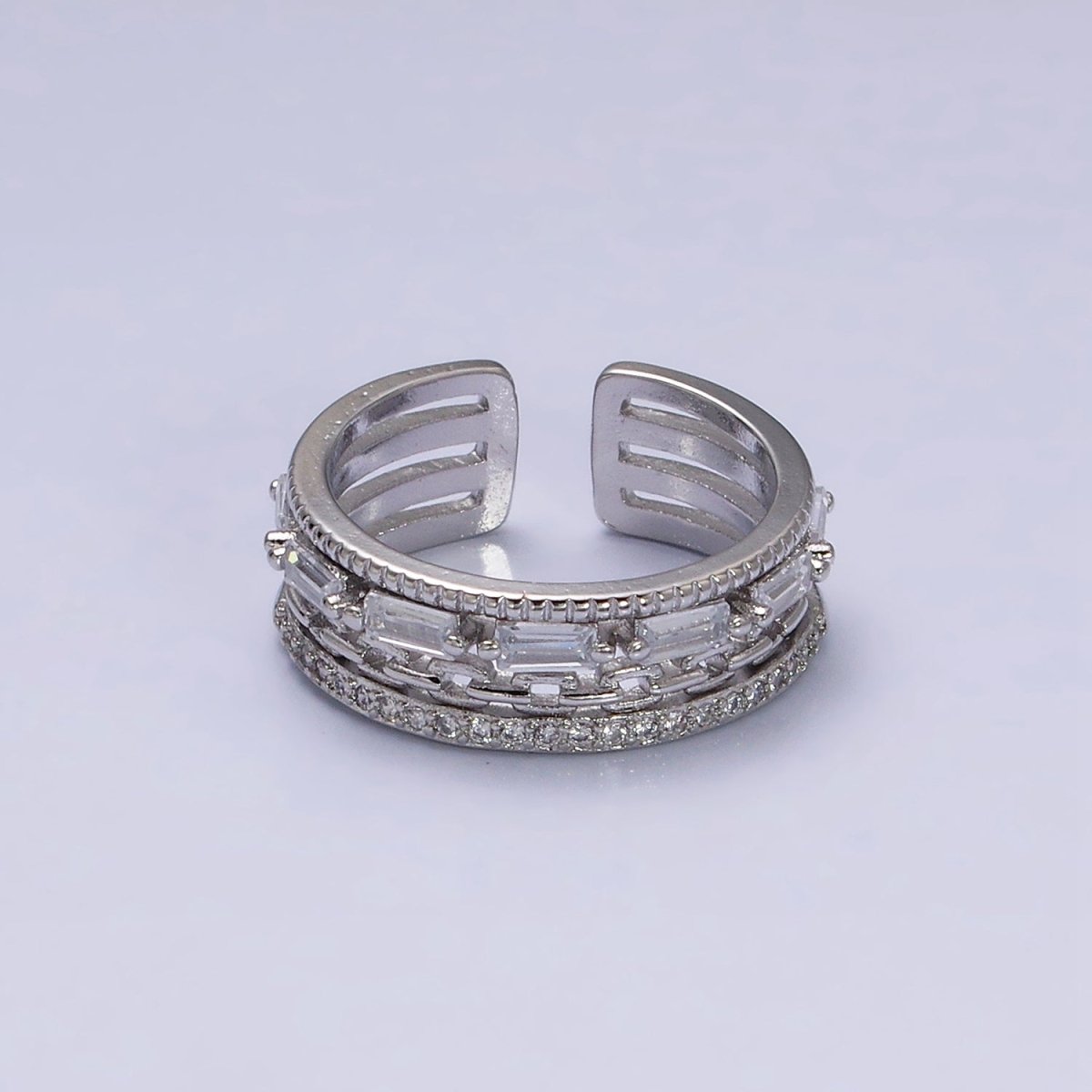 16K Gold plated Clear CZ Baguette Cable Link Micro Paved Multiple Band Ring in Gold & Silver | O-1595 O-1596 - DLUXCA