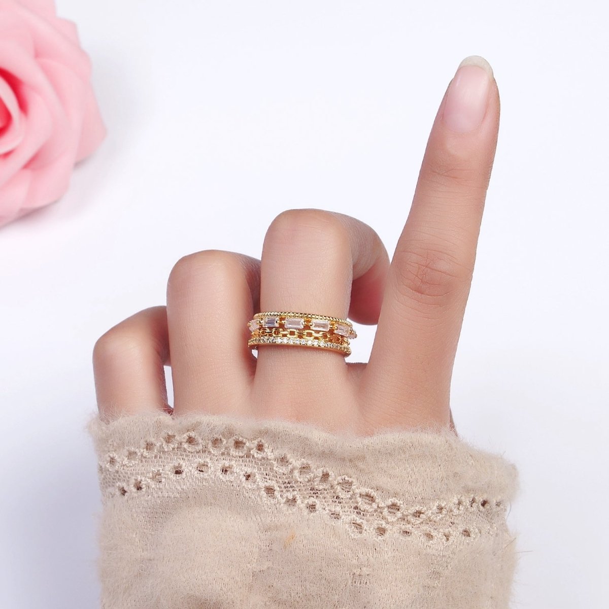 16K Gold plated Clear CZ Baguette Cable Link Micro Paved Multiple Band Ring in Gold & Silver | O-1595 O-1596 - DLUXCA