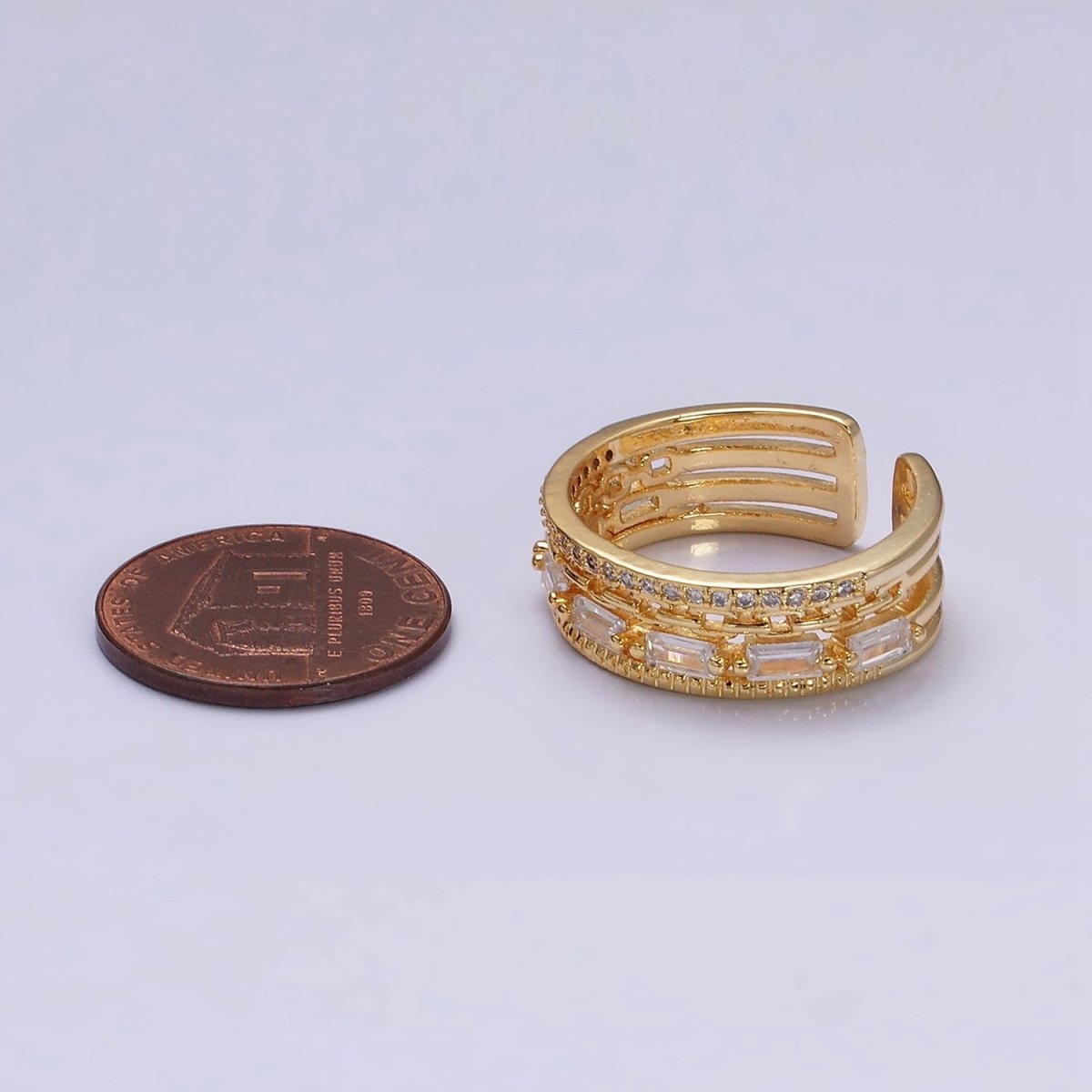 16K Gold plated Clear CZ Baguette Cable Link Micro Paved Multiple Band Ring in Gold & Silver | O-1595 O-1596 - DLUXCA