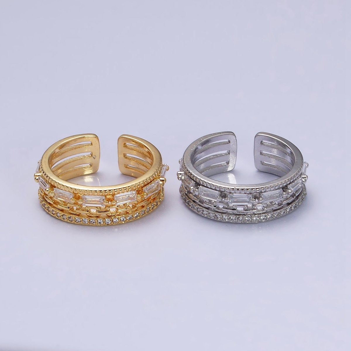 16K Gold plated Clear CZ Baguette Cable Link Micro Paved Multiple Band Ring in Gold & Silver | O-1595 O-1596 - DLUXCA