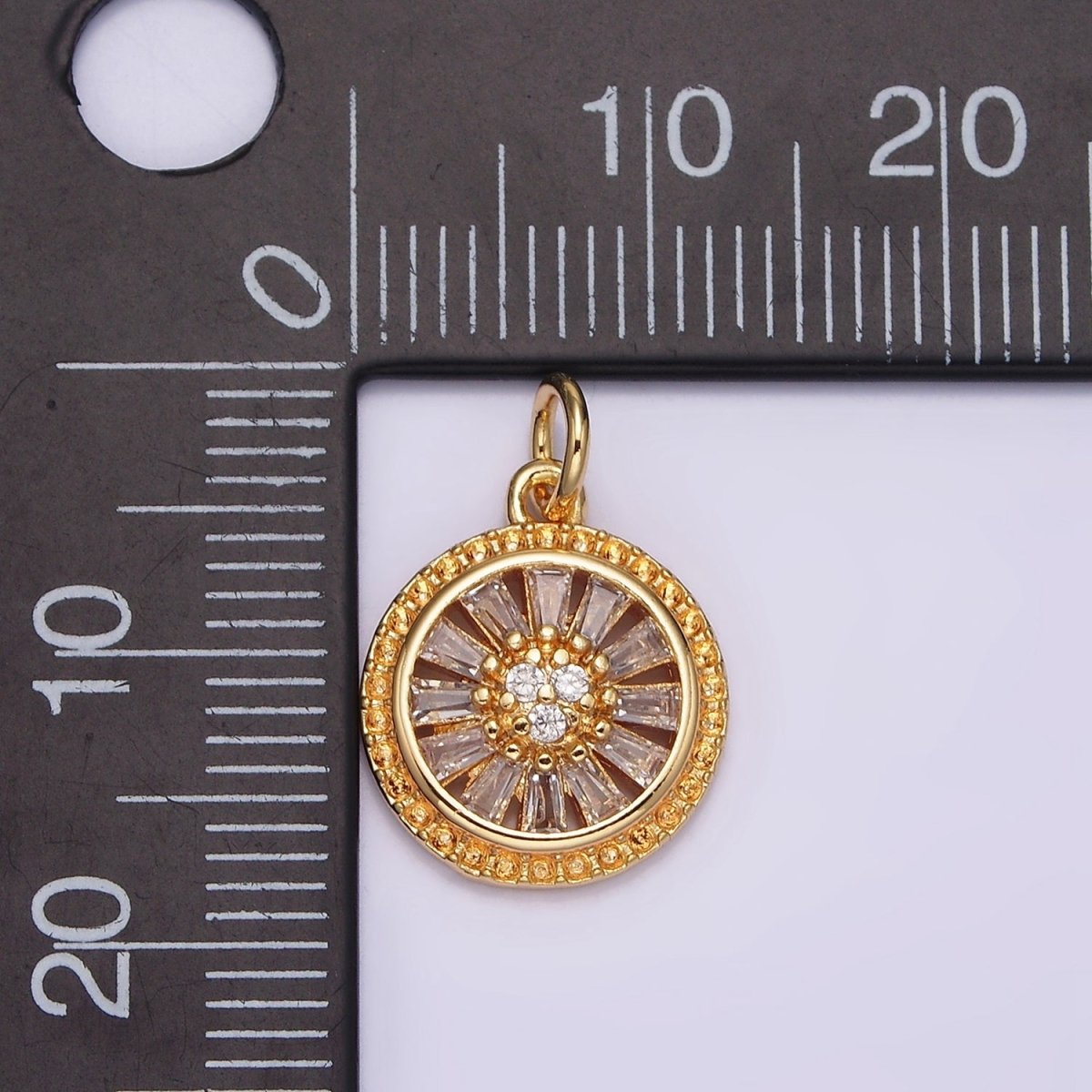 16K Gold plated Clear CZ Baguette Open Dotted Outline Round Charm | N939 - DLUXCA