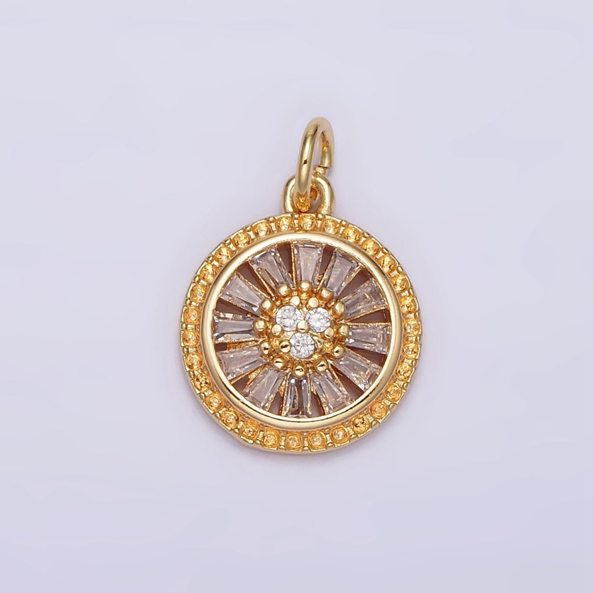 16K Gold plated Clear CZ Baguette Open Dotted Outline Round Charm | N939 - DLUXCA