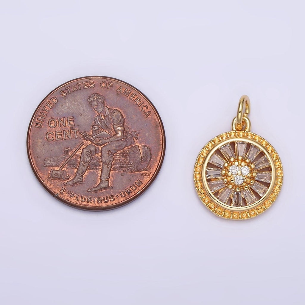 16K Gold plated Clear CZ Baguette Open Dotted Outline Round Charm | N939 - DLUXCA