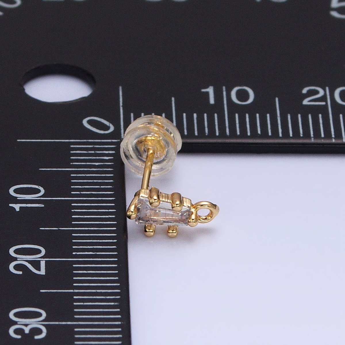 16K Gold plated Clear CZ Baguette Triangle Open Loop Stud Earrings Supply in Gold & Silver | Z-373 Z-374 - DLUXCA