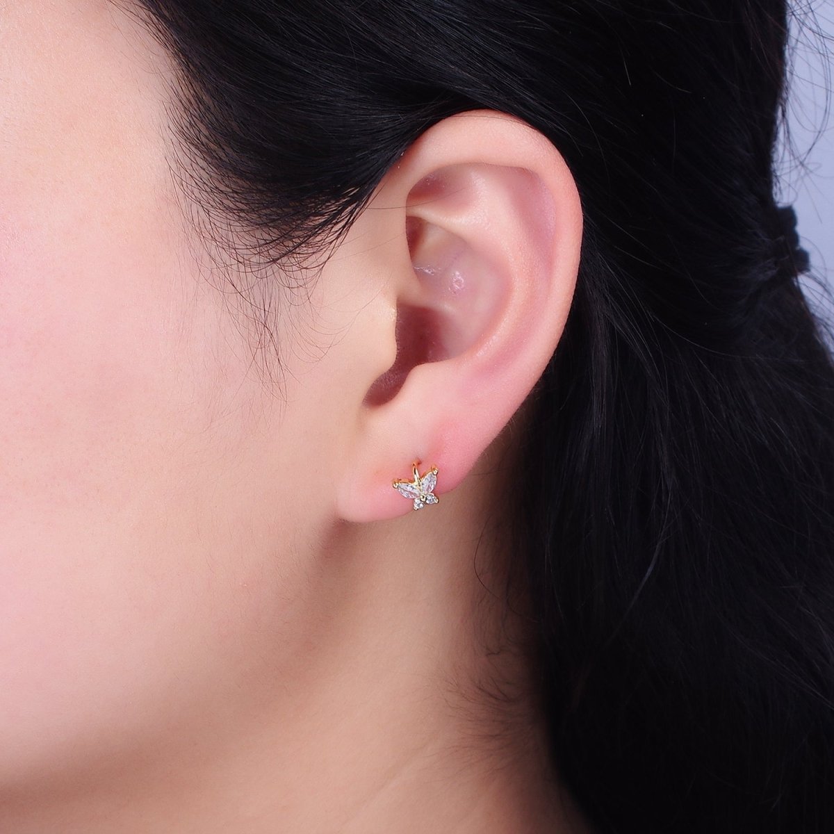 16K Gold plated Clear CZ Butterfly Mariposa 7mm Cartilage Mini Huggie Earrings | AD1245 AD1246 - DLUXCA