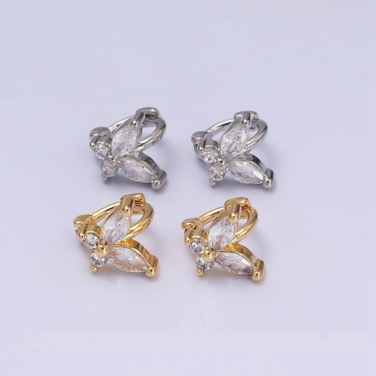 16K Gold plated Clear CZ Butterfly Mariposa 7mm Cartilage Mini Huggie Earrings | AD1245 AD1246 - DLUXCA
