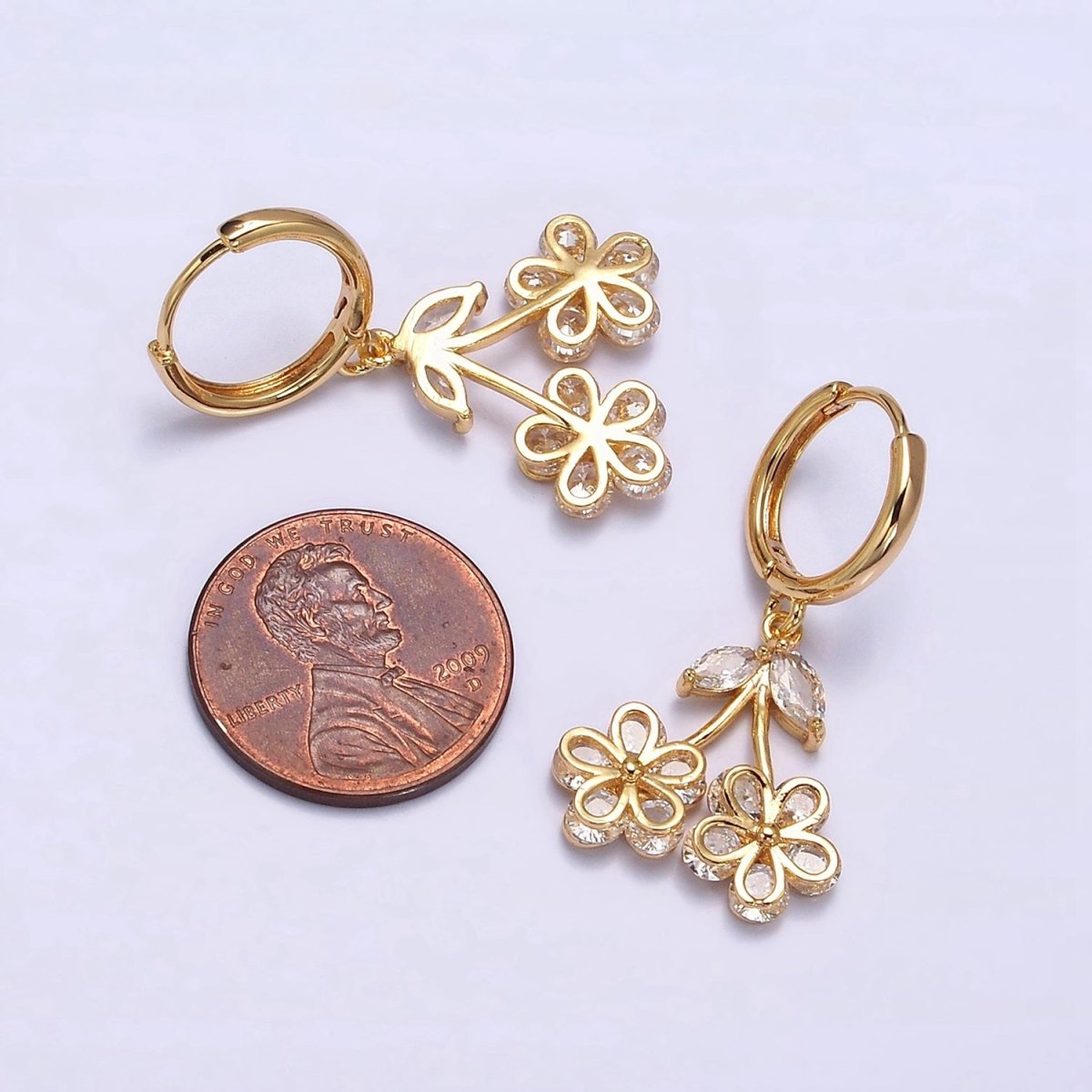 16K Gold plated Clear CZ Cherry Flower Drop Huggie Earrings | AE830 - DLUXCA