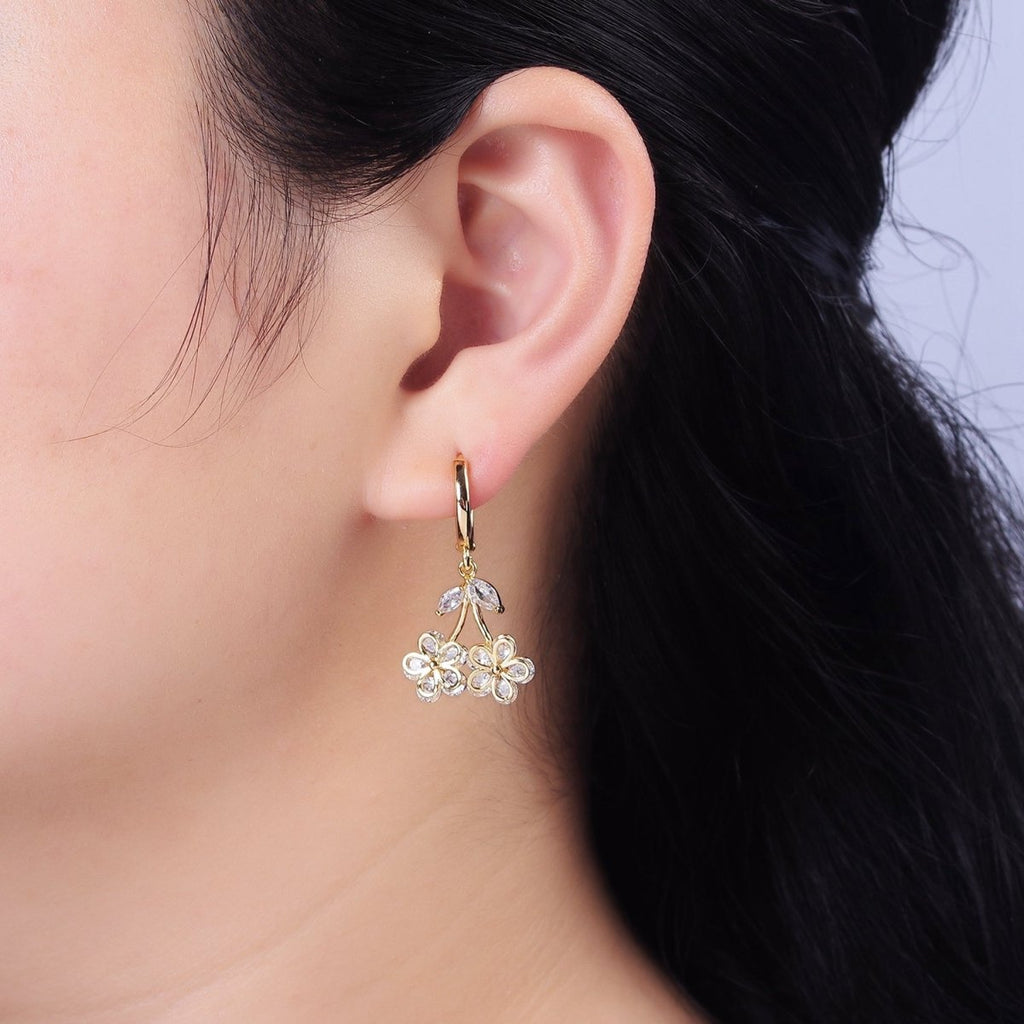 16K Gold plated Clear CZ Cherry Flower Drop Huggie Earrings | AE830 - DLUXCA