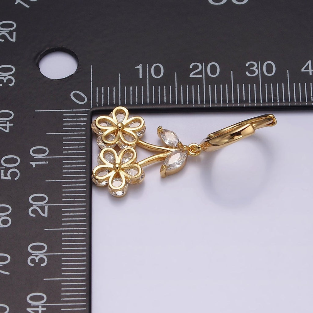 16K Gold plated Clear CZ Cherry Flower Drop Huggie Earrings | AE830 - DLUXCA