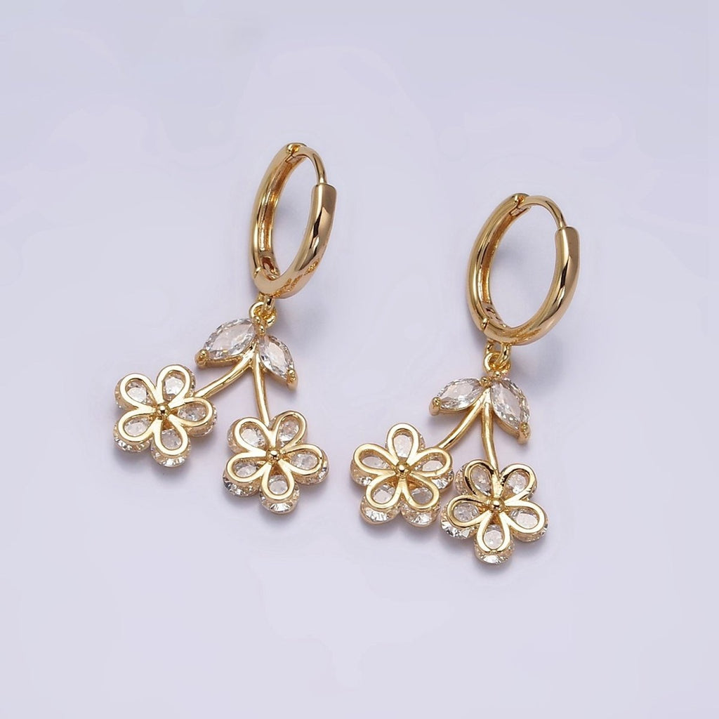 16K Gold plated Clear CZ Cherry Flower Drop Huggie Earrings | AE830 - DLUXCA