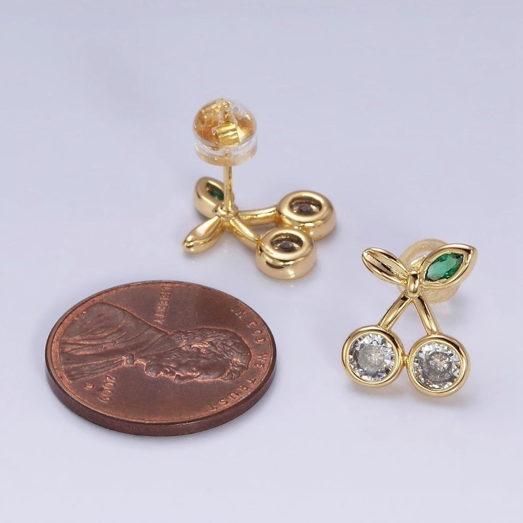 16K Gold plated Clear CZ Cherry Fruit Green Leaf Stud Earrings in Gold & Silver | AD974 AD975