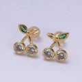 16K Gold plated Clear CZ Cherry Fruit Green Leaf Stud Earrings in Gold & Silver | AD974 AD975