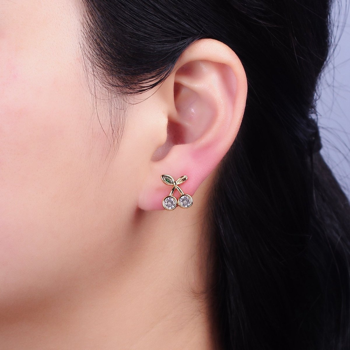 16K Gold plated Clear CZ Cherry Fruit Green Leaf Stud Earrings in Gold & Silver | AD974 AD975