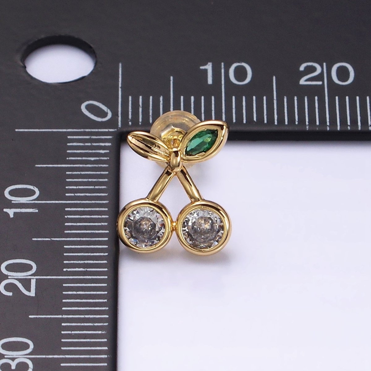 16K Gold plated Clear CZ Cherry Fruit Green Leaf Stud Earrings in Gold & Silver | AD974 AD975