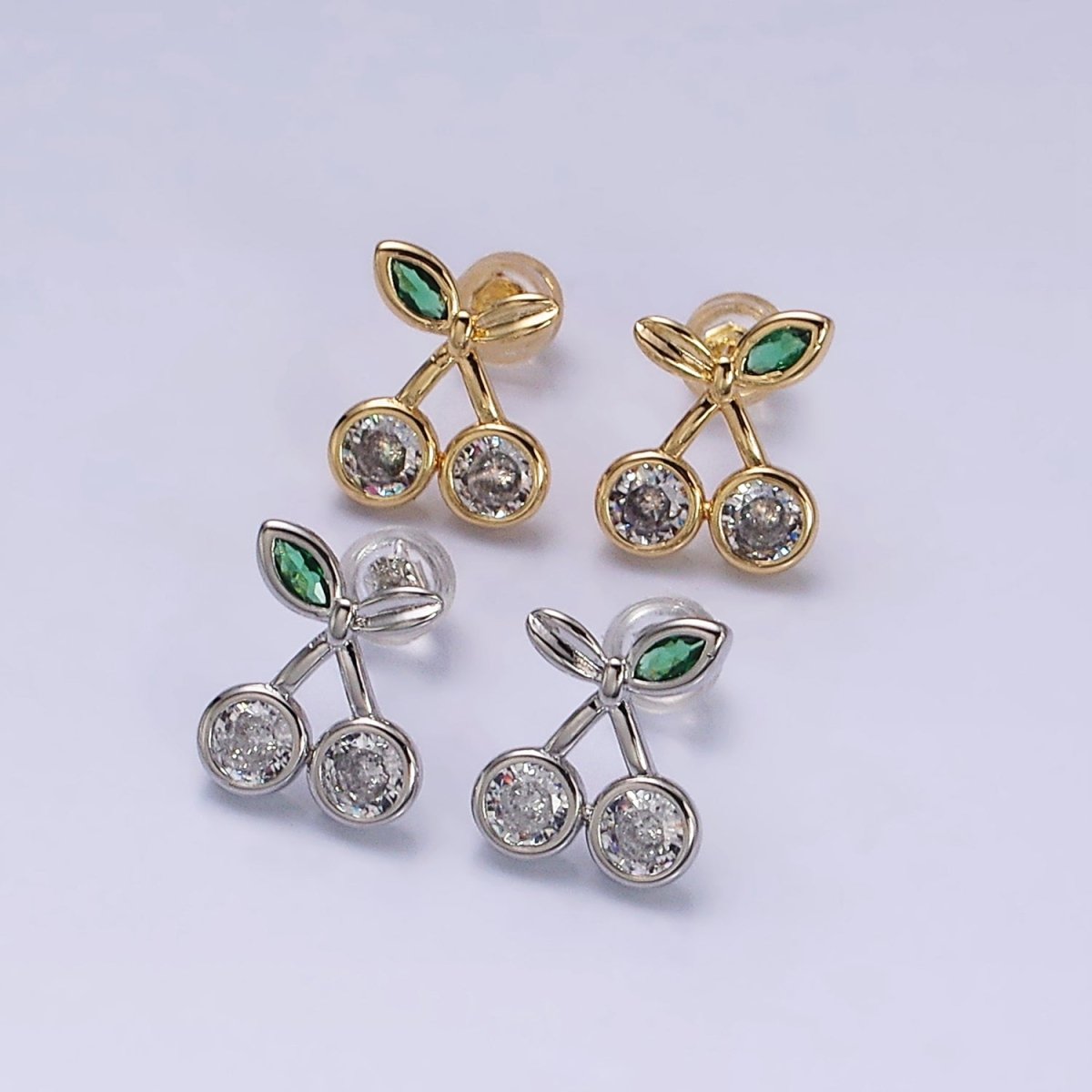 16K Gold plated Clear CZ Cherry Fruit Green Leaf Stud Earrings in Gold & Silver | AD974 AD975