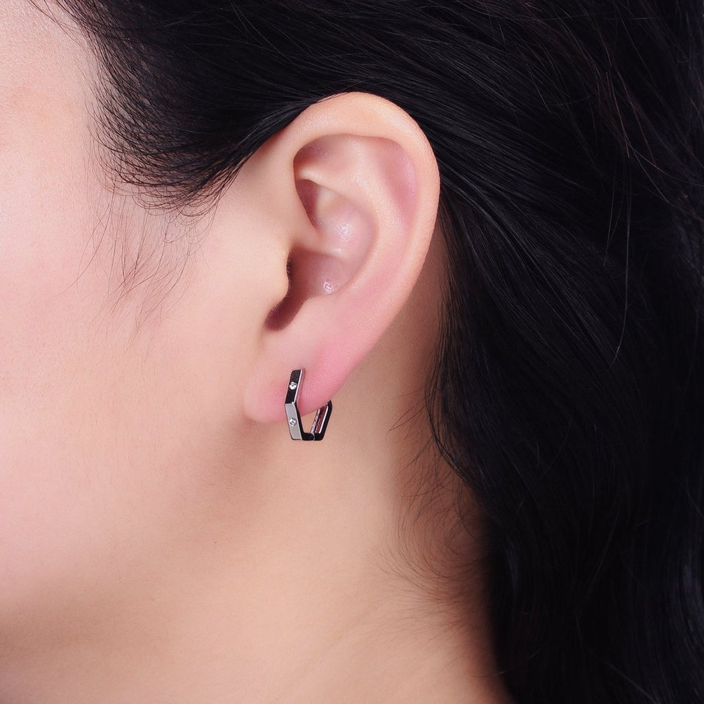 16K Gold plated Clear CZ Dot Hexagonal Huggie Earrings in Gold & Silver | AB948 AB895