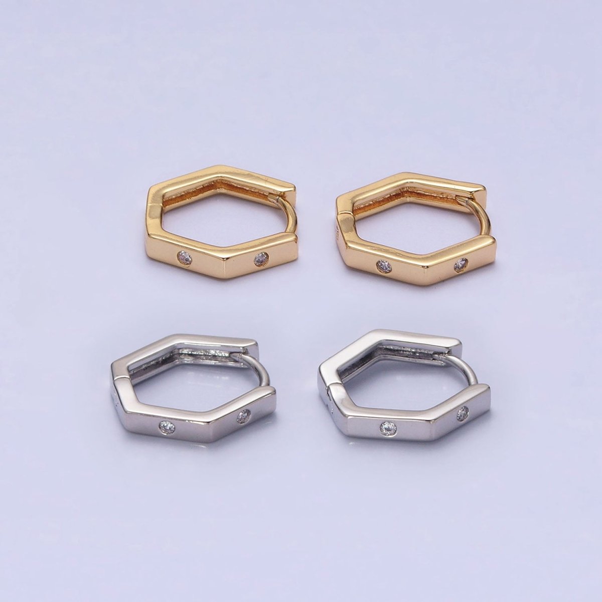 16K Gold plated Clear CZ Dot Hexagonal Huggie Earrings in Gold & Silver | AB948 AB895