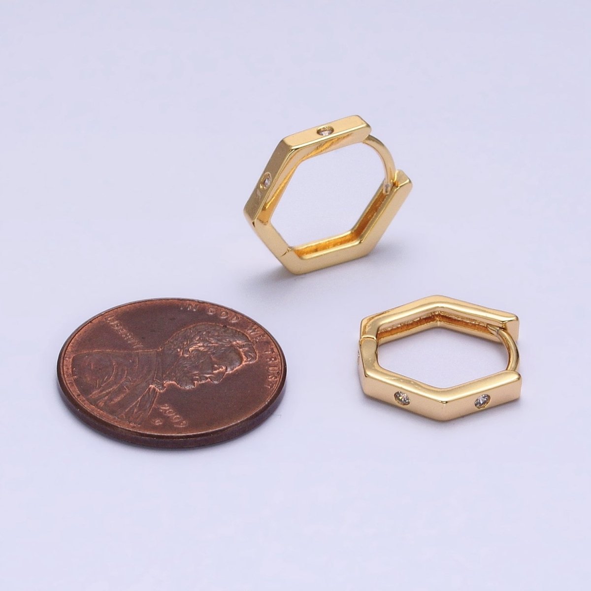 16K Gold plated Clear CZ Dot Hexagonal Huggie Earrings in Gold & Silver | AB948 AB895