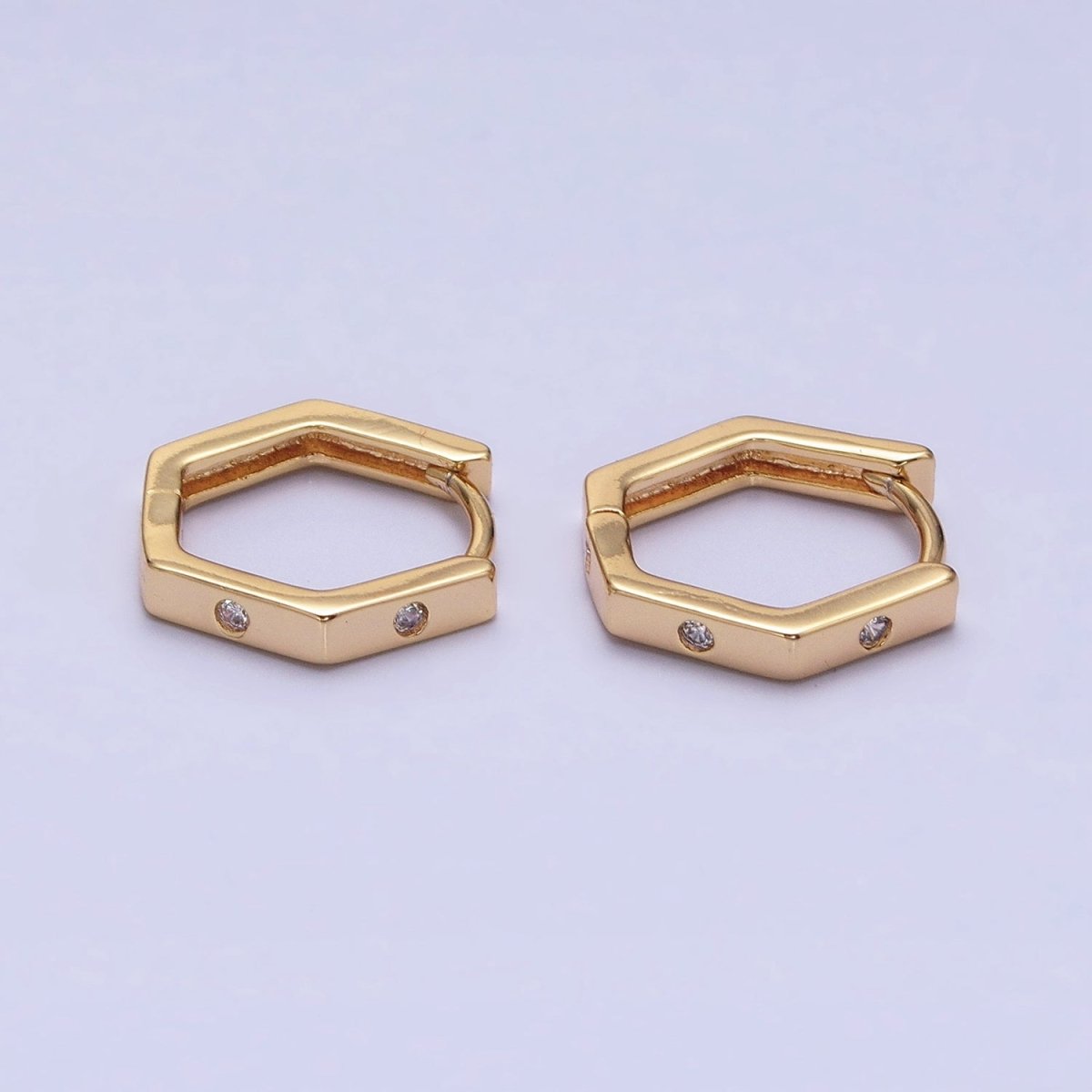 16K Gold plated Clear CZ Dot Hexagonal Huggie Earrings in Gold & Silver | AB948 AB895