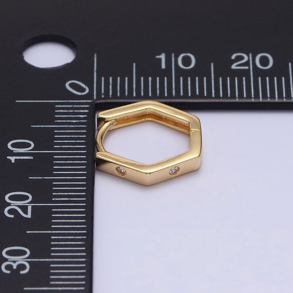 16K Gold plated Clear CZ Dot Hexagonal Huggie Earrings in Gold & Silver | AB948 AB895