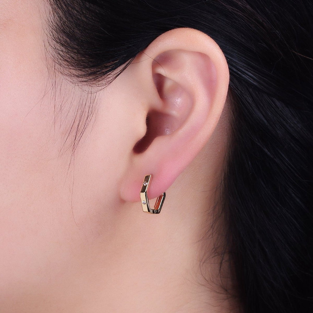 16K Gold plated Clear CZ Dot Hexagonal Huggie Earrings in Gold & Silver | AB948 AB895