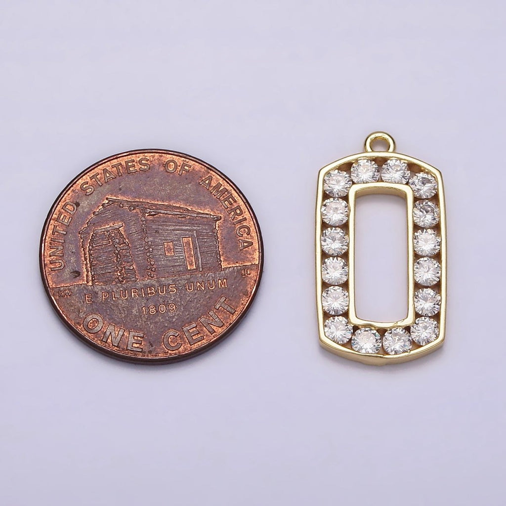 16K Gold plated Clear CZ Lined Open Rectangular Tag Charm | N951 - DLUXCA