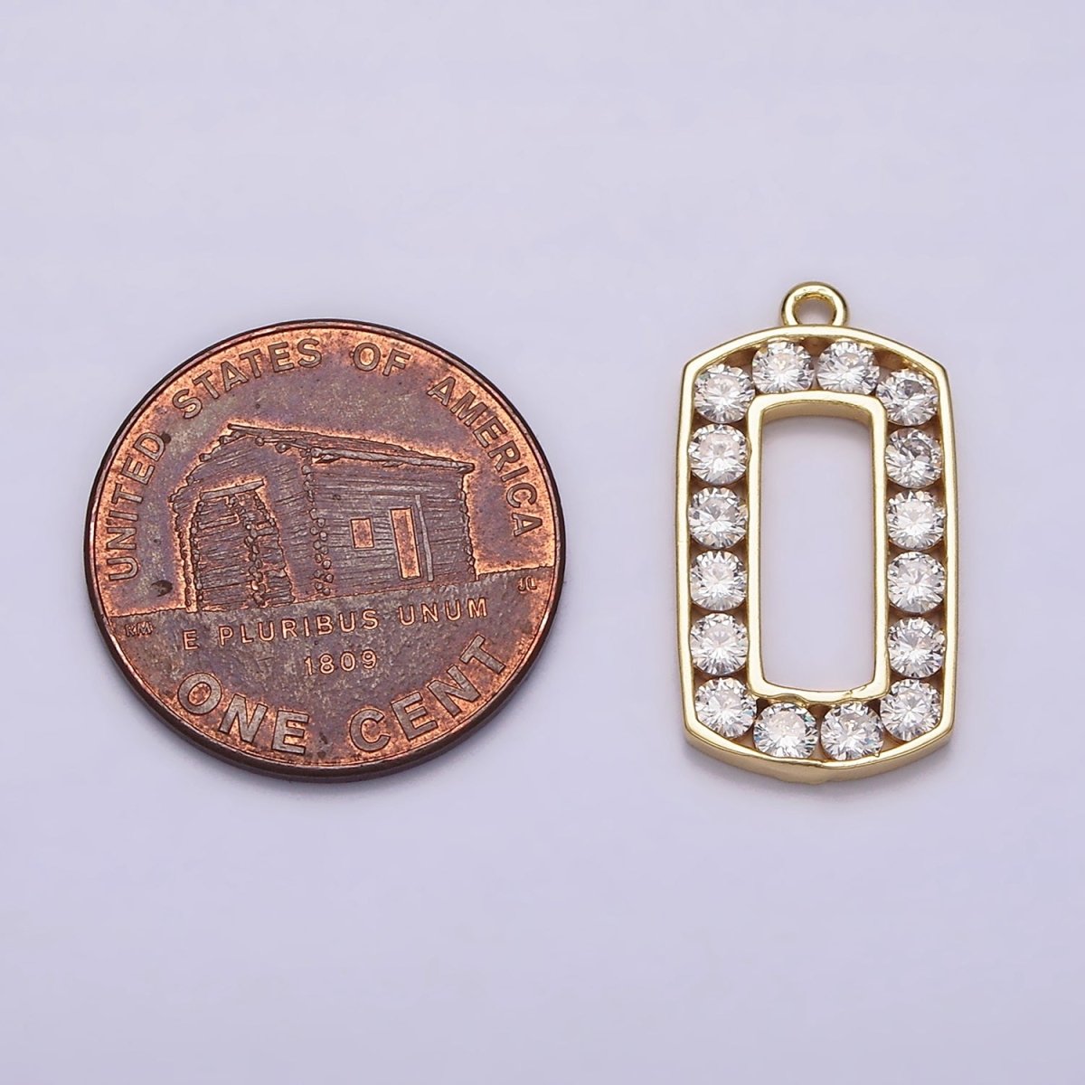 16K Gold plated Clear CZ Lined Open Rectangular Tag Charm | N951 - DLUXCA
