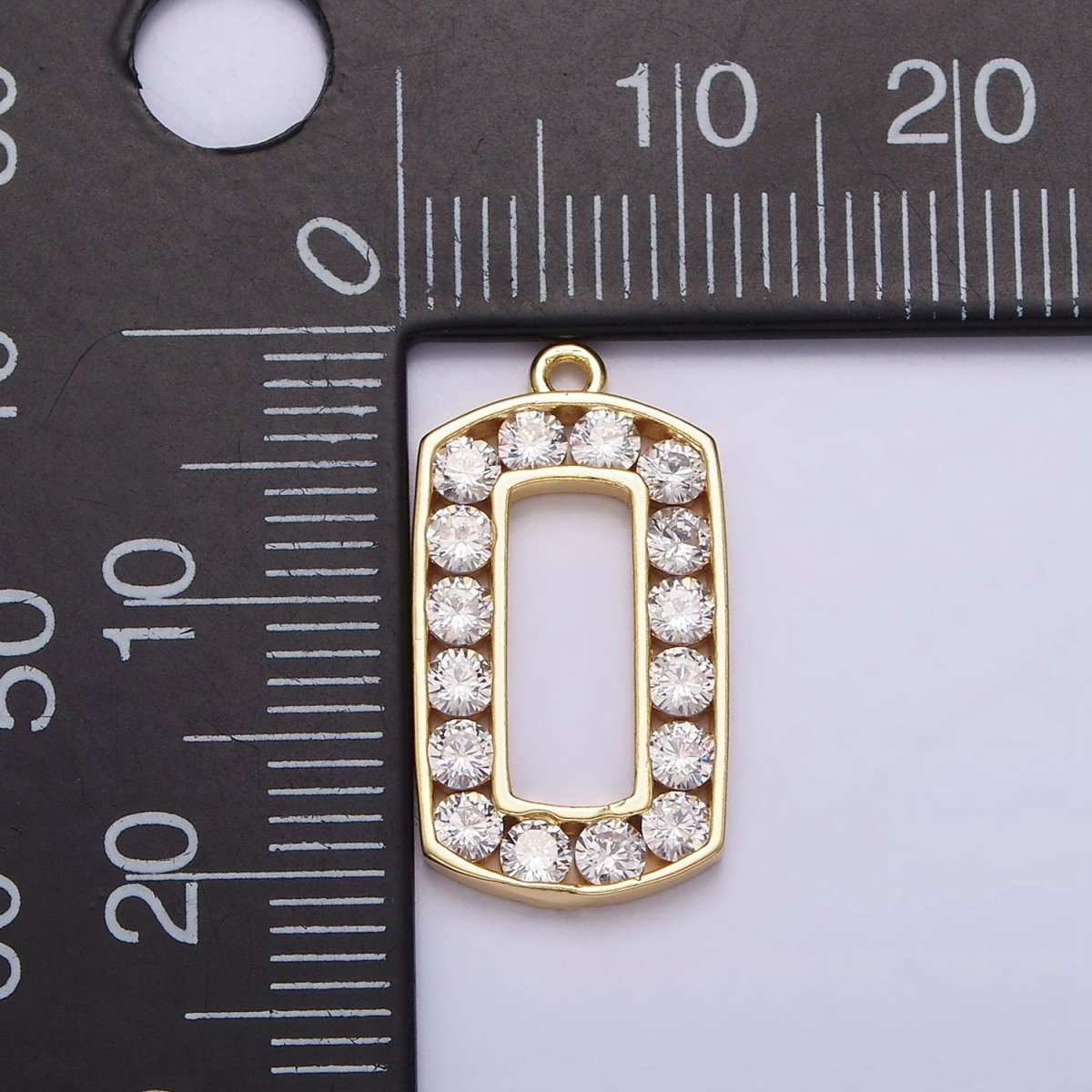 16K Gold plated Clear CZ Lined Open Rectangular Tag Charm | N951 - DLUXCA
