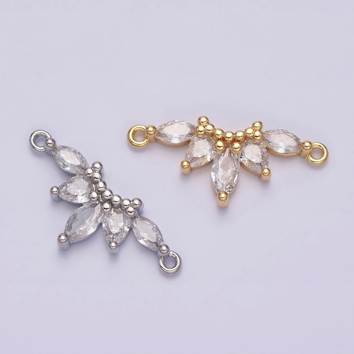16K Gold plated Clear CZ Marquise Teardrop Curved Lined Connector in Gold & Silver | G-905 G-906 - DLUXCA