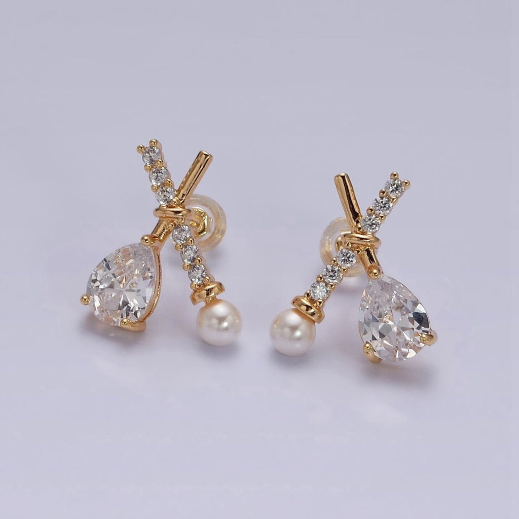 16K Gold plated Clear CZ Micro Paved X Claw Double Band Stud Earrings | AE842 - DLUXCA