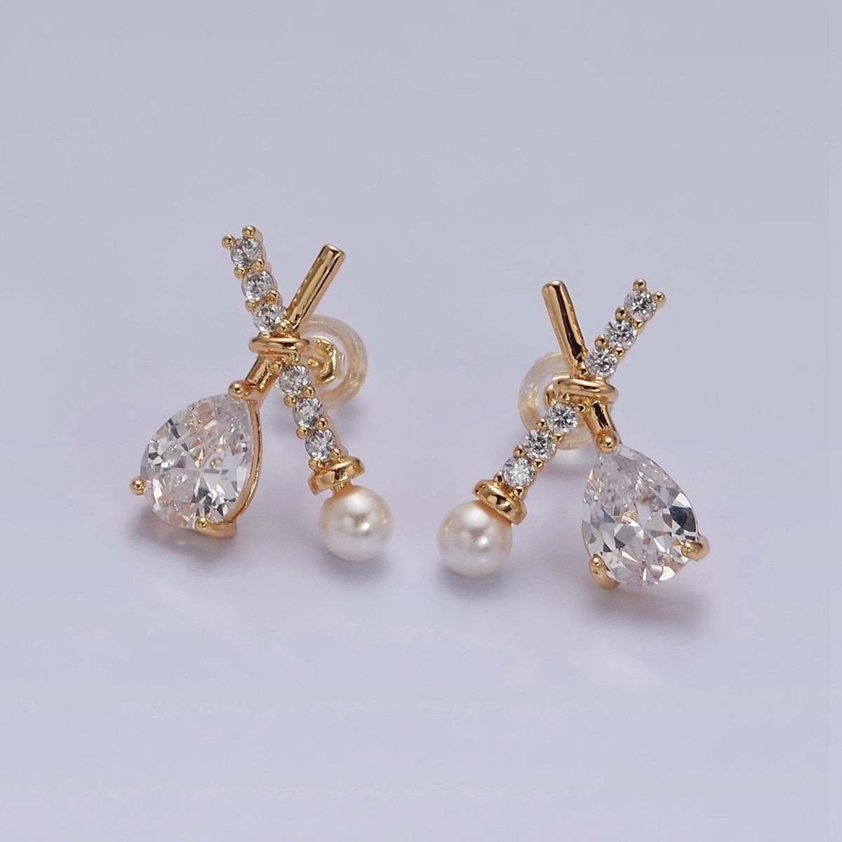 16K Gold plated Clear CZ Micro Paved X Claw Double Band Stud Earrings | AE842 - DLUXCA